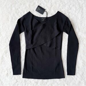 NWT Massimo Dutti Women Black Ribbed Bodice Wrap V-Neck Long Sleeve Top XS Y2K